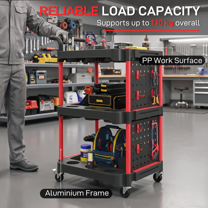 3-Tier Rolling Tool Cart with Pegboard and Hooks, Storage Trolley - view 6