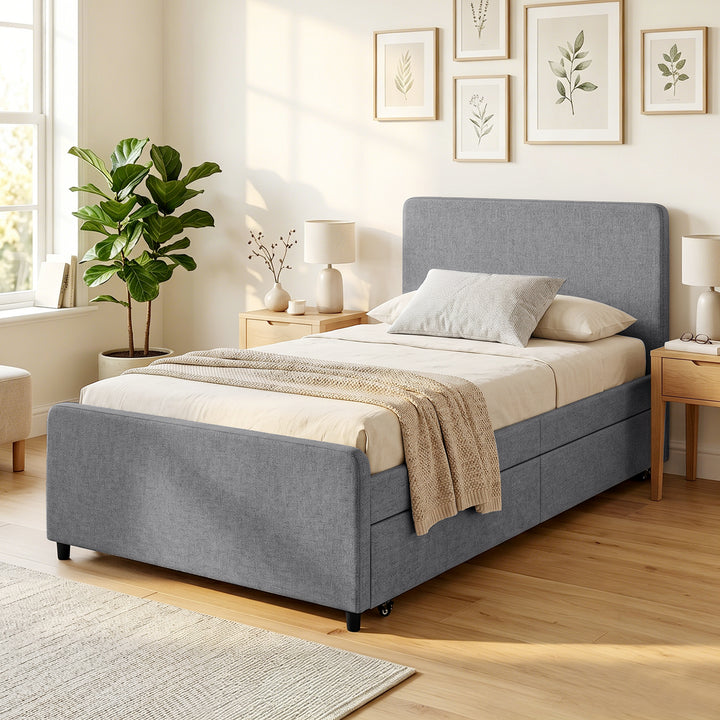 3ft Single Bed Frame with Trundle, Upholstered Pull Out Trundle Bed wi