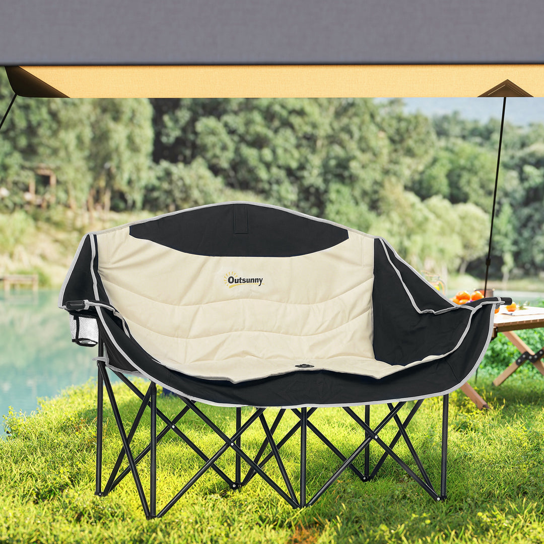 Double Camping Chair for Adults, Oversized Heavy Duty Padded Folding Chair with Armrests, Cup Holders and Carry Bag for Outdoor Camping Hiking Picnic Fishing, 250kg Capacity, Khaki