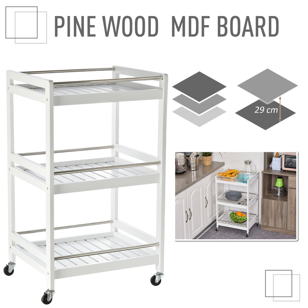 MCL 3-Tier Home Trolley Kitchen Storage Cart w/ Steel Bars 4 Universal Wheels Rolling Unit Organiser Living Room White