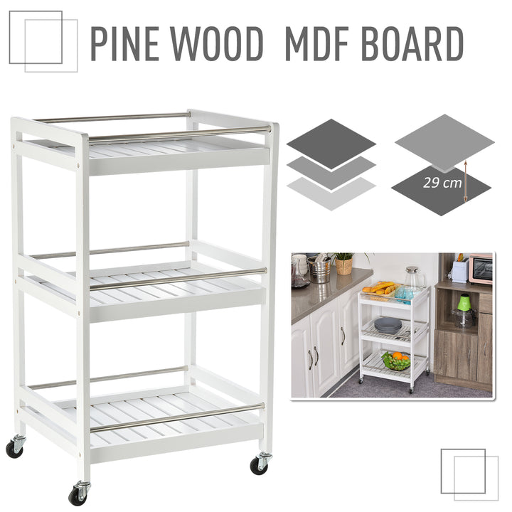 MCL 3-Tier Home Trolley Kitchen Storage Cart w/ Steel Bars 4 Universal Wheels Rolling Unit Organiser Living Room White