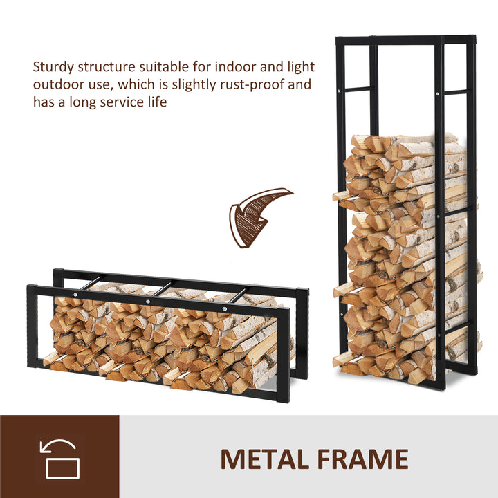 Metal Firewood Log Holder Tall Firewood Rack Indoor Outdoor Fireplace Wood Storage Shelf, Black, 60Wx25Dx150Hcm