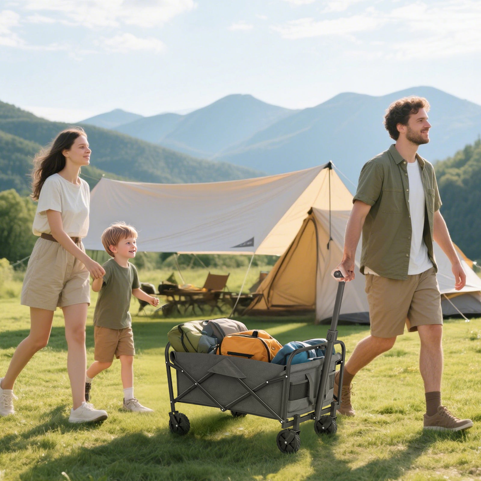 62L Festival Trolley on Wheels, Garden Folding Trolley Cart, 120kg Heavy Duty Collapsible Folding Wagon with Adjustable Handle and Carrying Bag for Beach, Camping, Festival, Grey