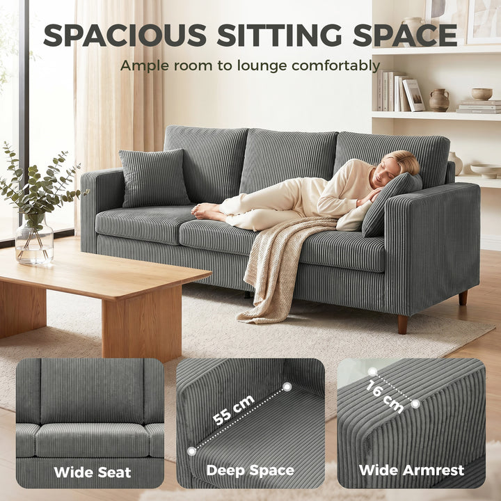 3 Seater Sofa with Wide Seat, Corduroy Fabric Couch with Deep Seat, Sp