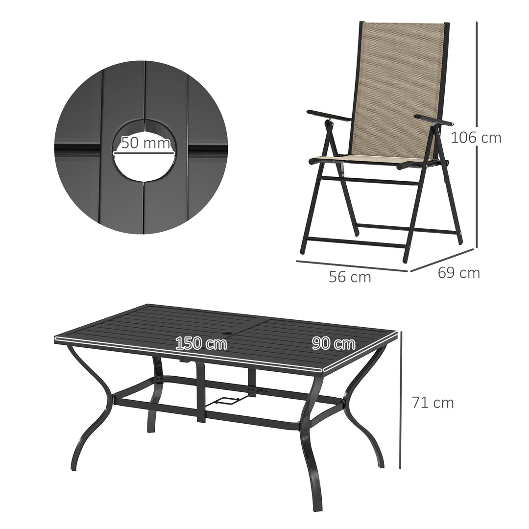 Seven-Piece Steel Outdoor Dining Set, with Parasol Hole - Khaki