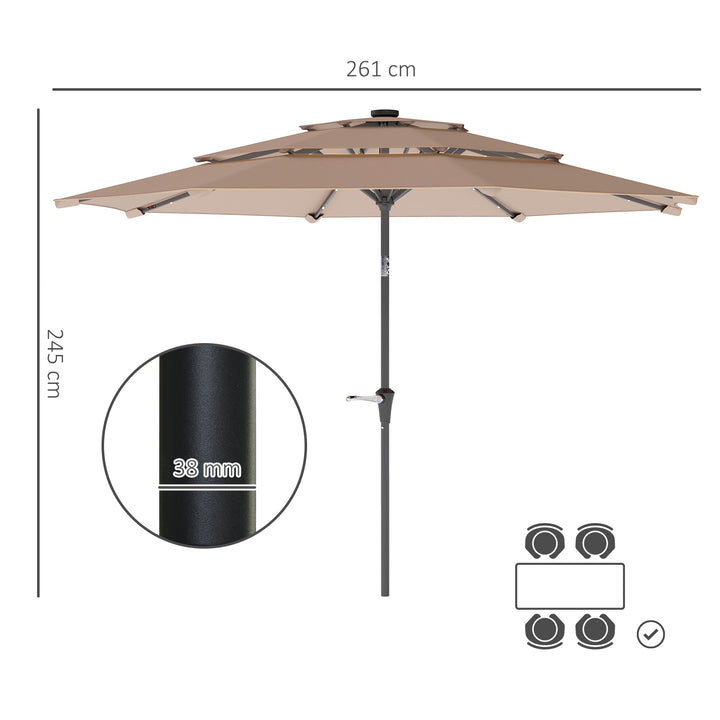 3-Tier Garden Parasol with Solar LED Lights, UPF 30+, Tilt Mechanism & Crank Handle, for Market Terrace, Khaki