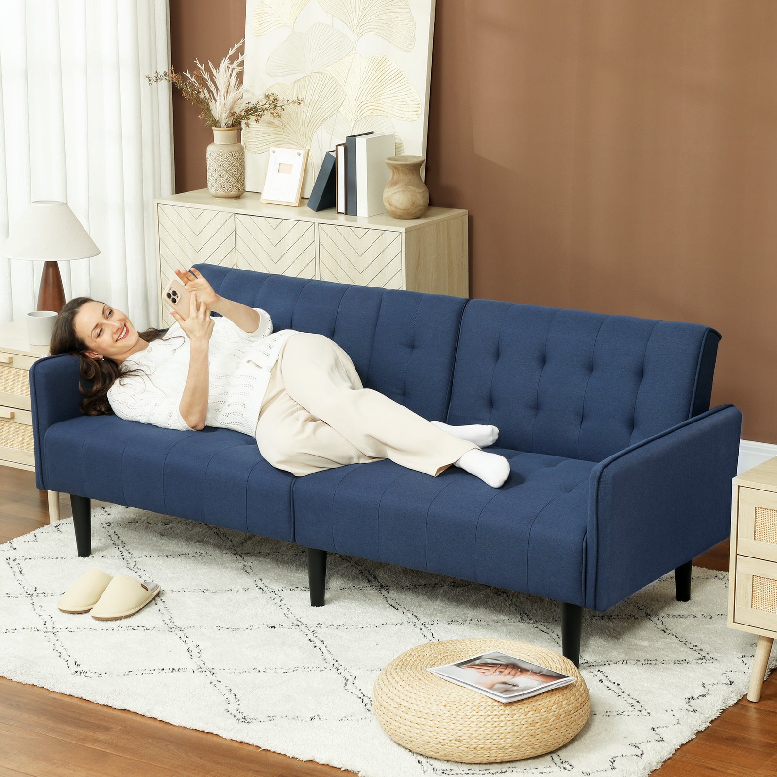 Three-Seater Sofa Bed, with Cupholders - Dark Blue