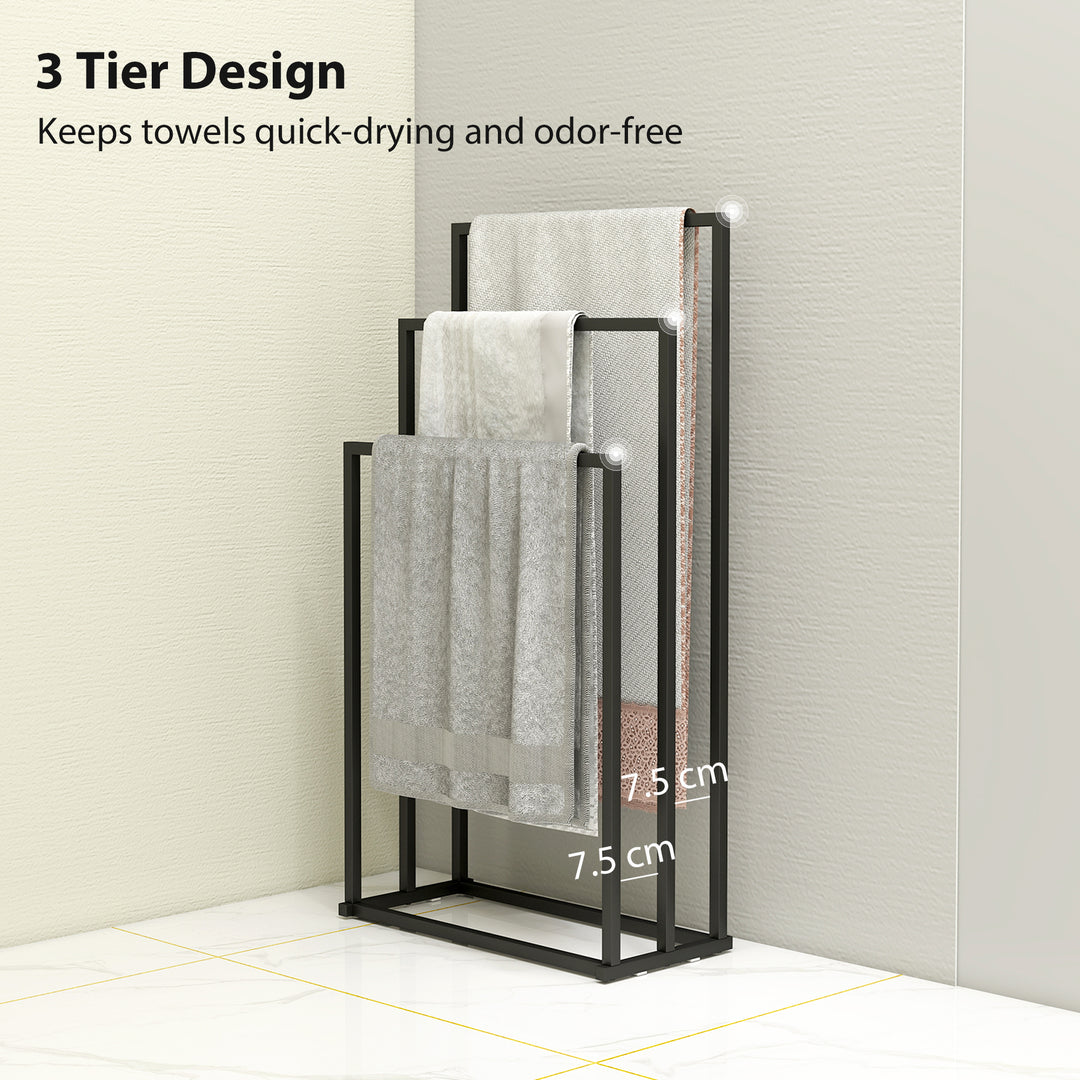 Freestanding Towel Rack, Steel Towel Rail Holder with 3 Bars, Black