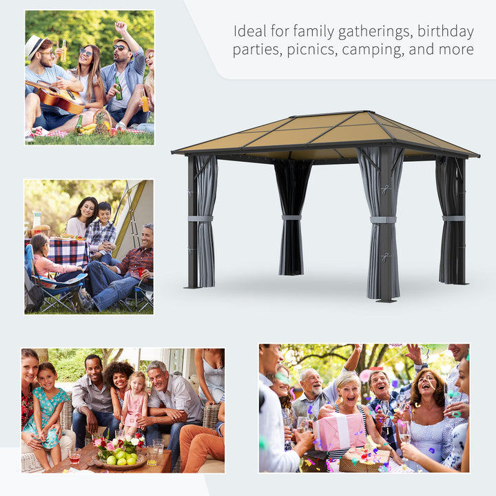 3 x 3.6m Garden Aluminium Gazebo Hardtop Roof Canopy Marquee Party Tent Patio with Mesh Curtains & Side Walls - Grey