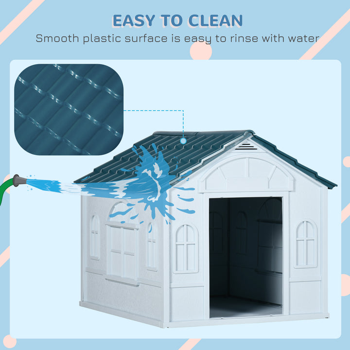 Plastic Weather-Resistant Dog House, for Indoors and Outdoors, Medium Dogs - White and Blue