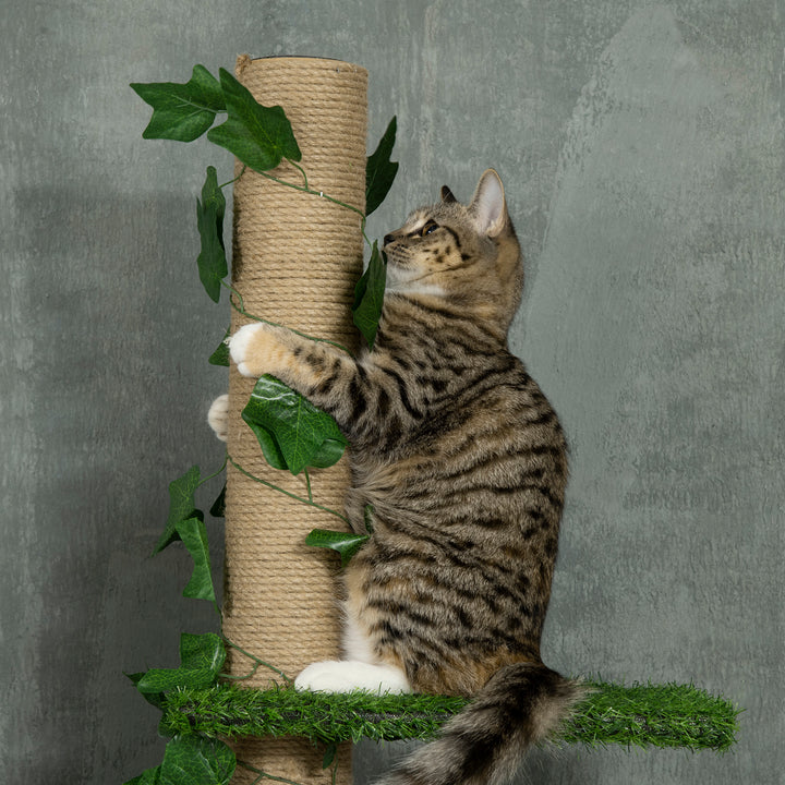 PawHut Floor to Ceiling Cat Tree, 242cm Height Adjustable Kitten Tower, Anti-slip Kit, Highly Simulated Multi-Layer Activity Centre, Green | Aosom UK