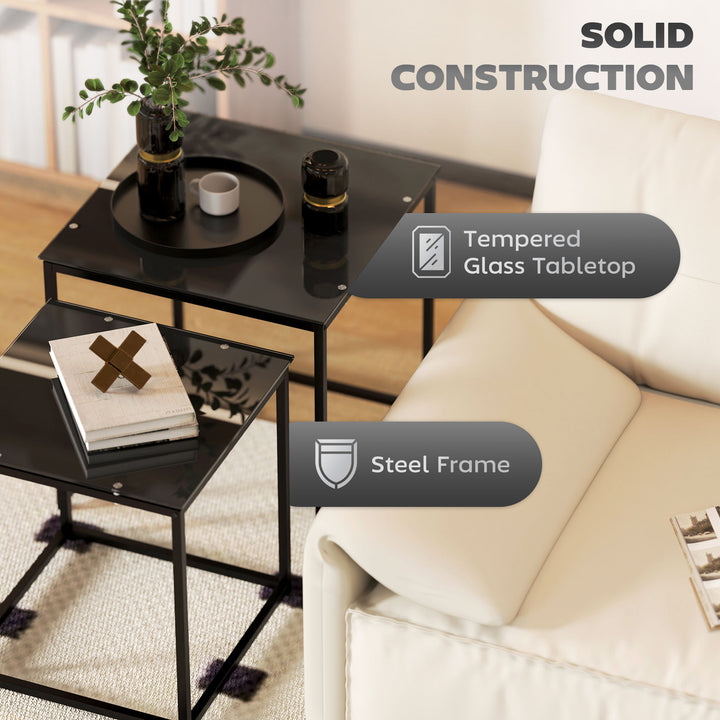 Nest of Tables, Set of 2 Coffee Table, Side Tables with Tempered Glass Desktop and Metal Frame for Living Room, Bedroom, Office, Black