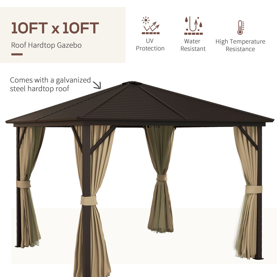 Outsunny 3 x 3 m Garden Gazebo with Netting and Curtains, Hard Top Gazebo Canopy Shelter w/ Metal Roof, Aluminium Frame, for Garden, Lawn