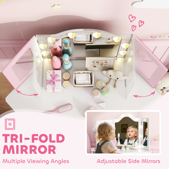 MCL Kids Dressing Table and Stool Set, Girls Vanity Table with 2-Colour LED Lights, Tri-Folding Mirror, White