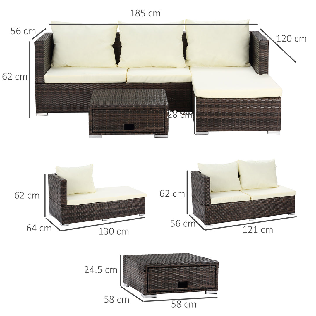MCL 3 Pieces Rattan Garden Furniture Sofa Set, 4 Seater Garden Corner Sofa with 5-Level Reclining Sun Lounger and Storage Coffee Table, Outdoor Furniture Conservatory Set with Cushions, Brown