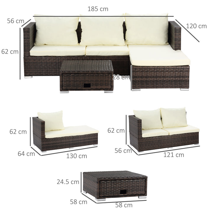 MCL 3 Pieces Rattan Garden Furniture Sofa Set, 4 Seater Garden Corner Sofa with 5-Level Reclining Sun Lounger and Storage Coffee Table, Outdoor Furniture Conservatory Set with Cushions, Brown