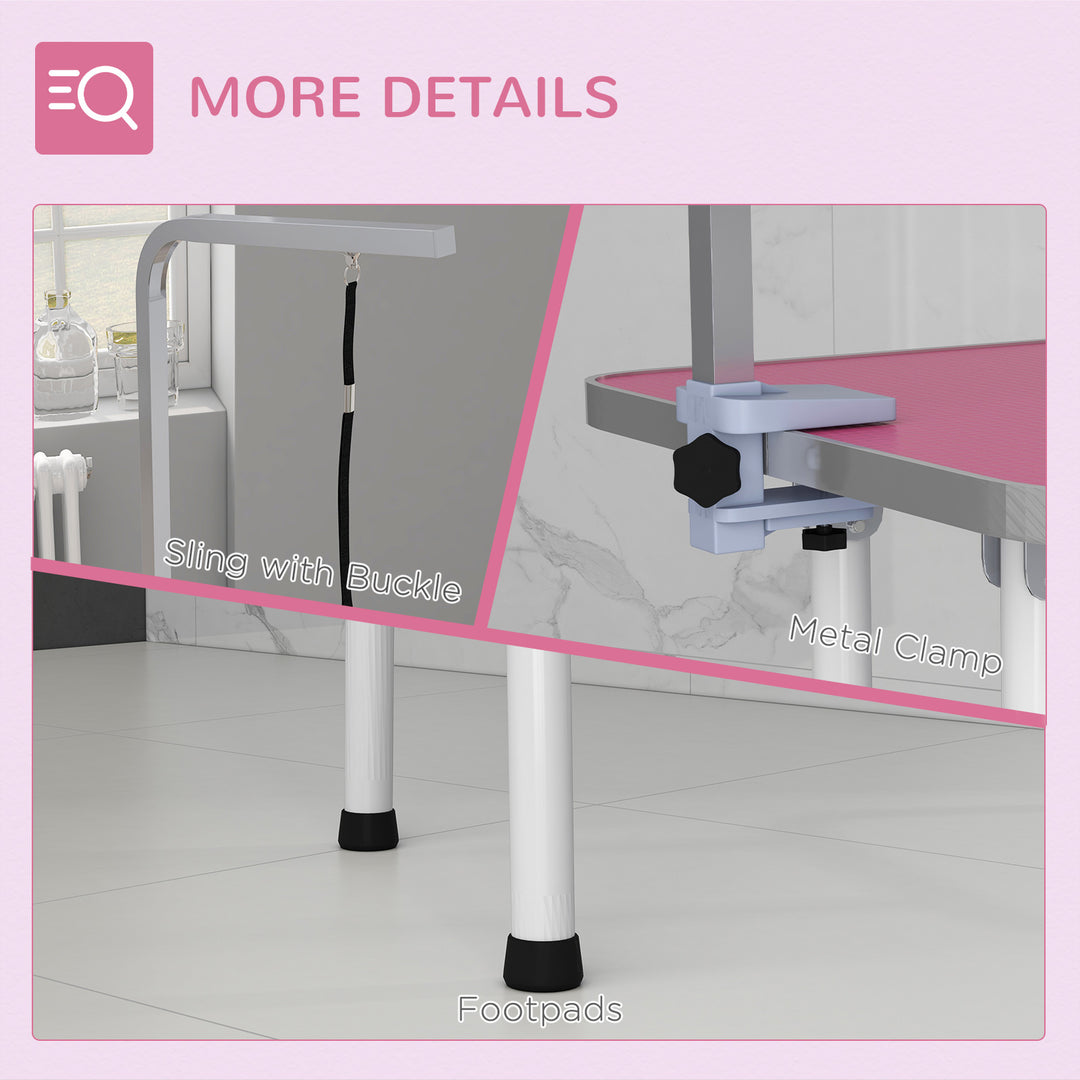 32" Foldable Dog Grooming Table Pet Drying Beauty Table Adjustable Fixed Arm Rubber Top, Pink