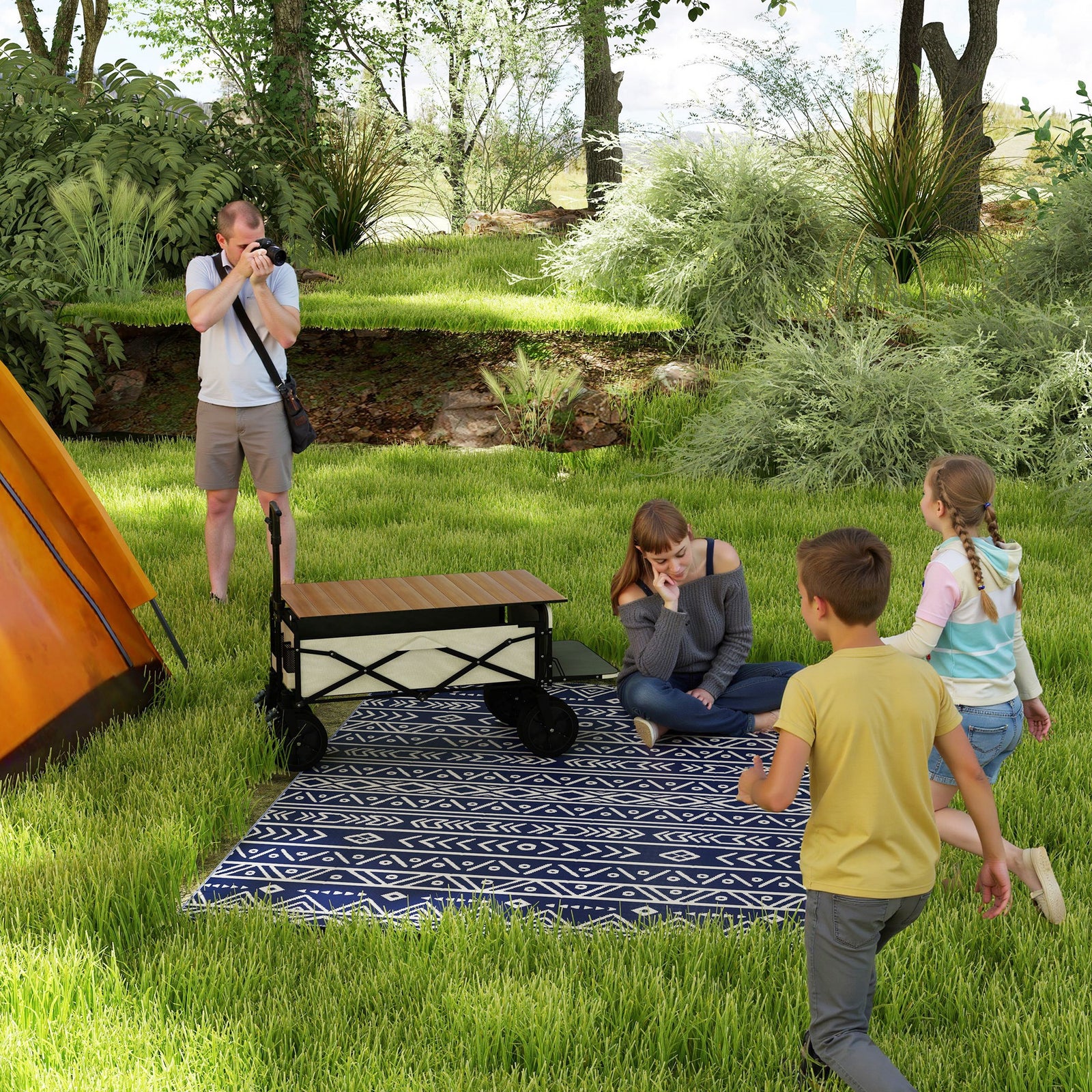 Reversible Outdoor Rug with Carry Bag, Waterproof Plastic Straw Mat for Garden, Deck, RV, Picnic, Beach, Camping, 182 x 274cm, Dark Blue and White