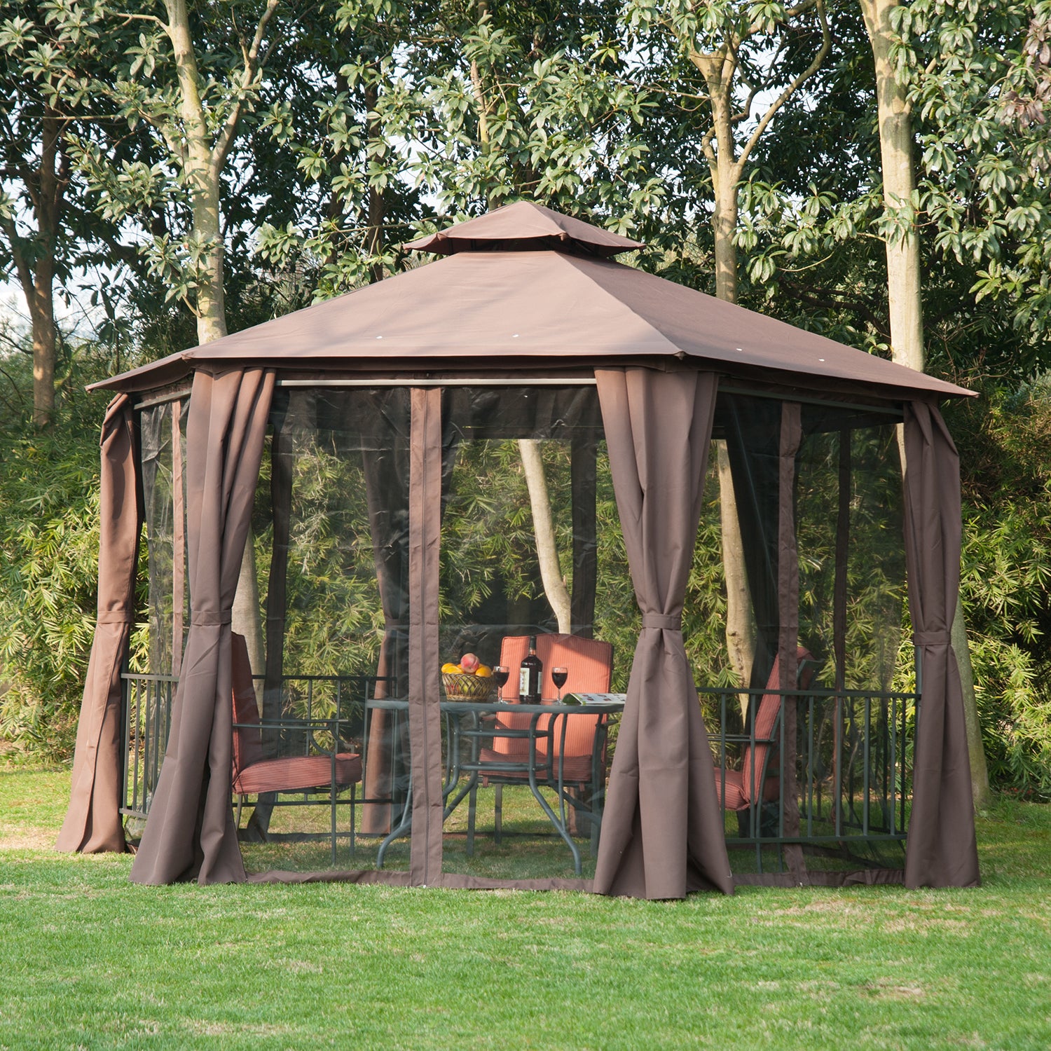3 x 3(m) Hexagon Gazebo Patio Canopy Party Tent Outdoor Garden Shelter w/ 2 Tier Roof & Side Panel - Brown