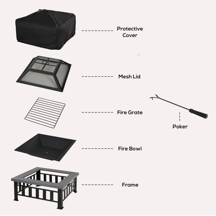 Metal Large Firepit Outdoor Square Fire Pit Brazier w/ Rain Cover, Lid, Log Grate, Poker for Backyard, Camping, BBQ, Bonfire, Wood Burning Stove, 86 x 86 x 54cm, Black