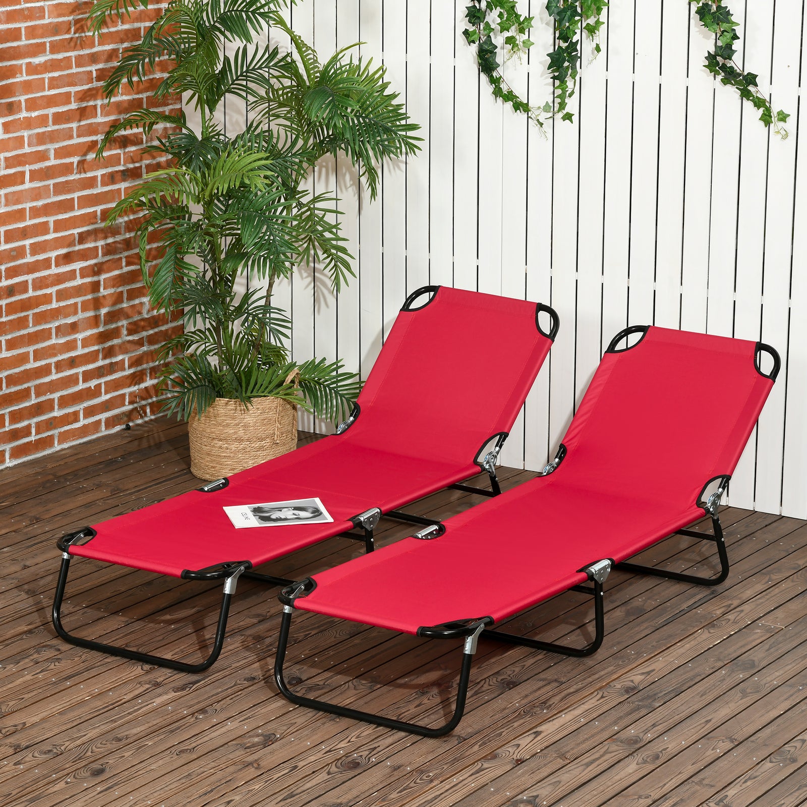 Folding Sun Loungers Set of 2, Outdoor Day Bed with 5-Position Adjustable Backrest, Portable Recliner Garden Chairs with Breathable Mesh for Beach, Patio, Wine Red