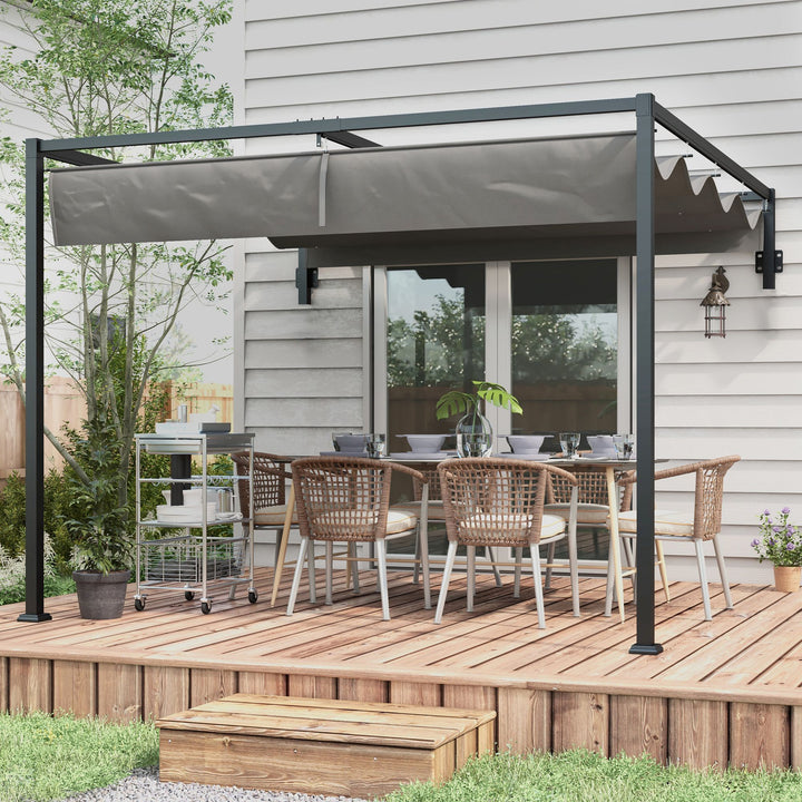 3 x 4m Lean To Steel Pergola, with Moving Fabric Canopy - Dark Grey