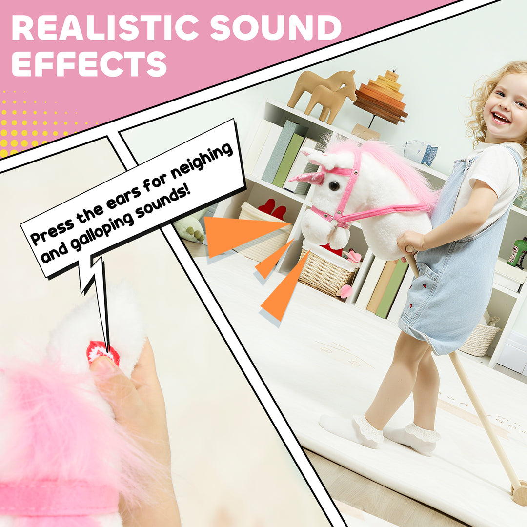Unicorn Stick Horse with Wood Wheels, Real Pony Neighing and Galloping Sounds, Grip Handle, 95 cm