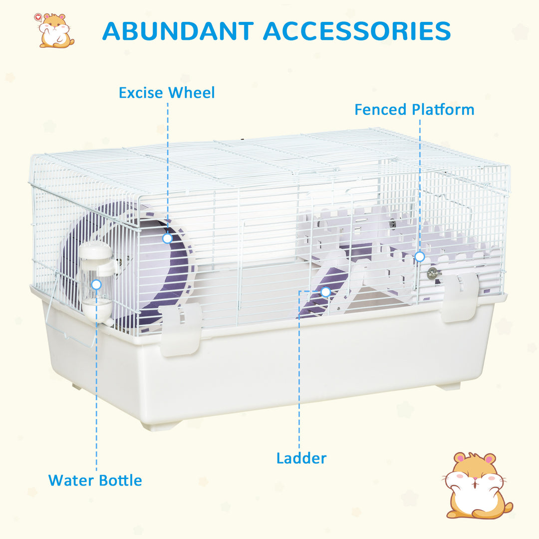 PawHut Two-Tier Hamster Cage, Multi-Storey Gerbil Haven, Small Animal Habitat with Water Bottle, Exercise Wheel, Ladder, White | Aosom UK