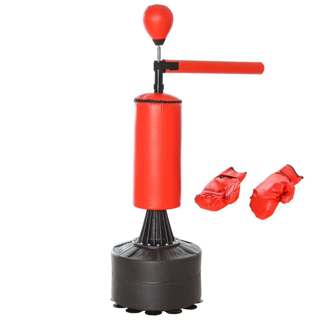 MCL 155-205cm 3-IN-1 Freestanding Boxing Punching Bag Stand, Boxing Speed Trainer with Rotating Flexible Arm, Speed Ball, Fillable Base, Red