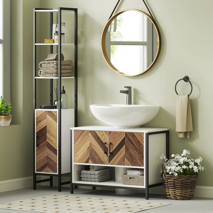 Under Sink Bathroom Cabinet, Rustic Under Sink Cabinet with Herringbone Doors and Open Compartment for Basin with or without Pedestal, 80 x 40 x 60cm, Cream White