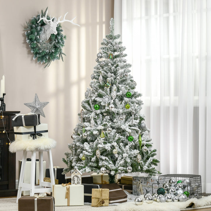 6 Ft Snow Flocked Artificial Christmas Tree Xmas Pine Tree with Realistic Branches, Auto Open and Steel Base, Green