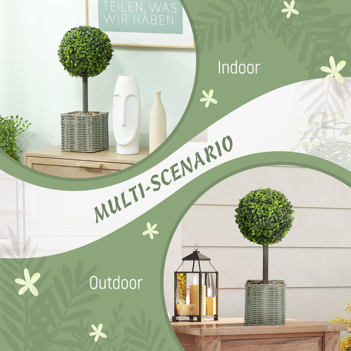 Set of 2 Decorative Artificial Plants, 50cm Faux Boxwood Topiary Balls with Woven Plastic Pot and Pebbles, Fake Plants for Home or Office Decor, Green