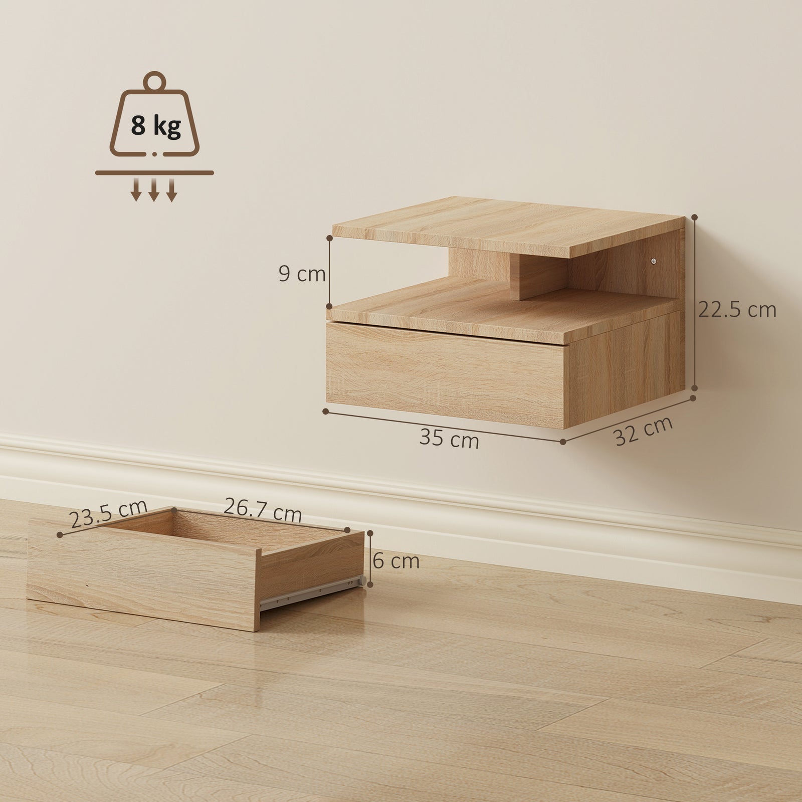 Set of Two Floating Bedside Tables - Oak