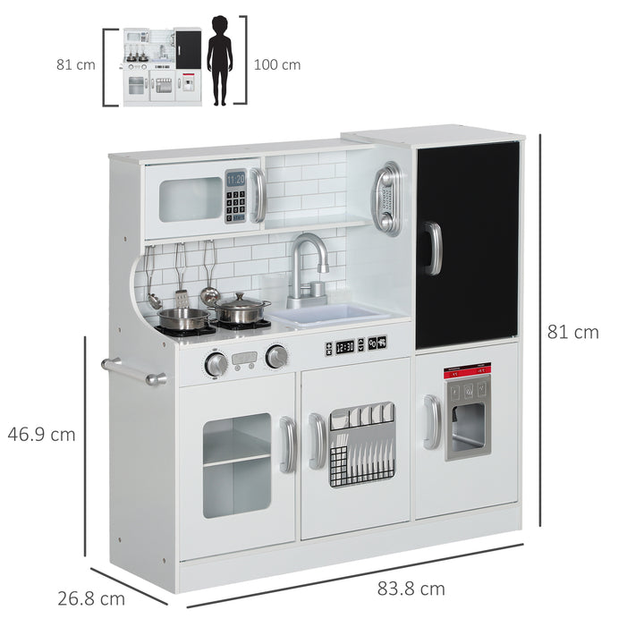 AIYAPLAY Pretend Play Kitchen, Kids Kitchen Playset, with Toy Phone, Chalkboard, Microwave, Cooking Stove, Sink, White