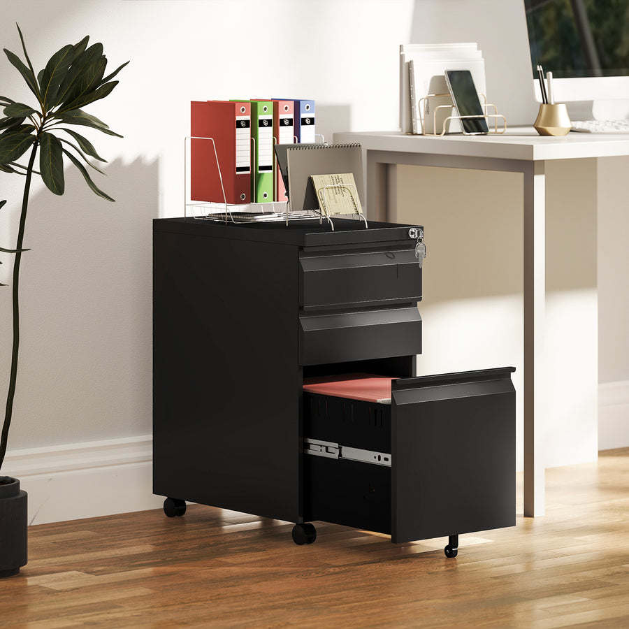 3-Drawer Steel Filing Cabinet with Lock and Wheels - Black
