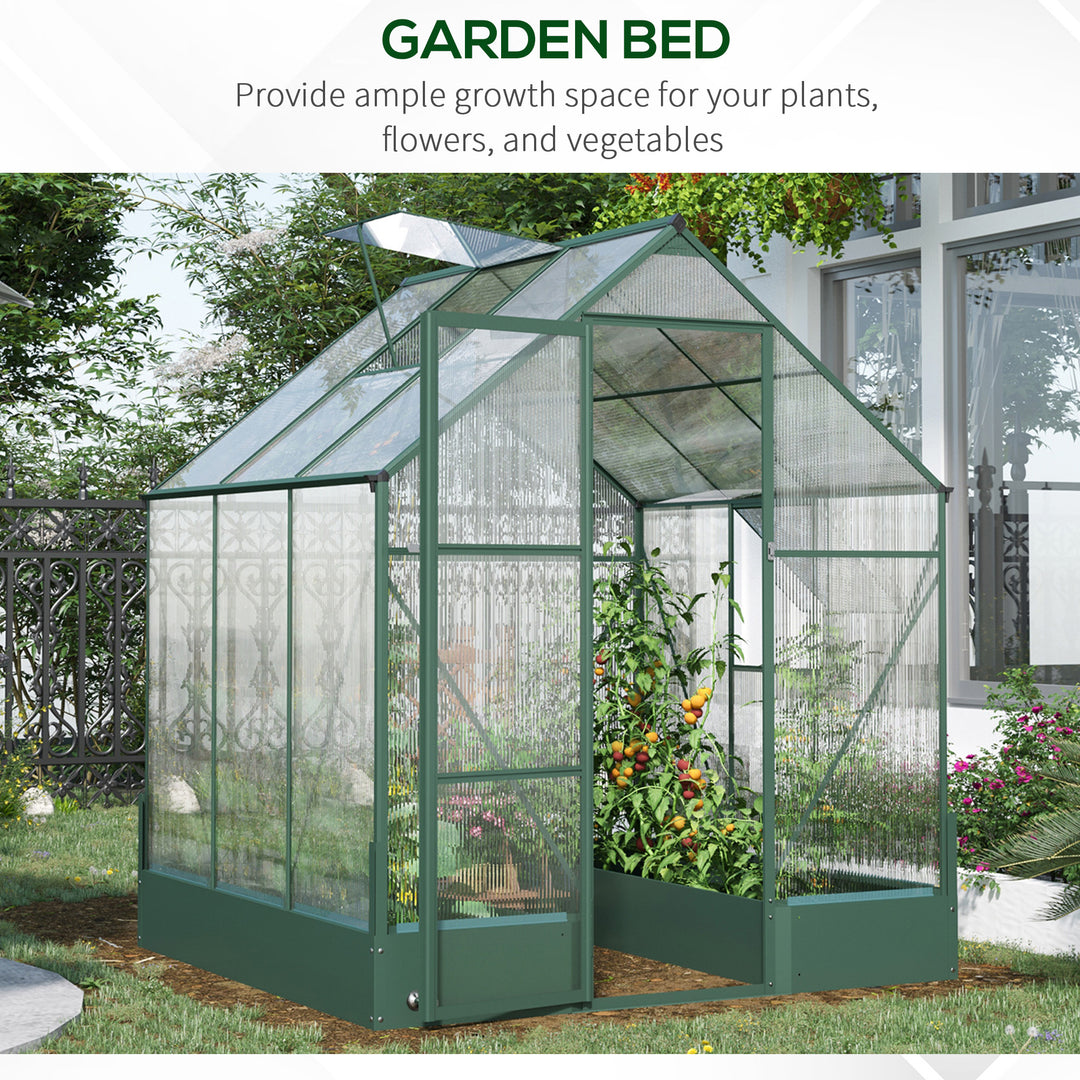 6x6 FT Polycarbonate Greenhouse with Base and Raised Bed, Walk-in Greenhouse with Aluminium Frame, Temperature Controlled Window, Foundation for Plants, Flowers, Vegetable
