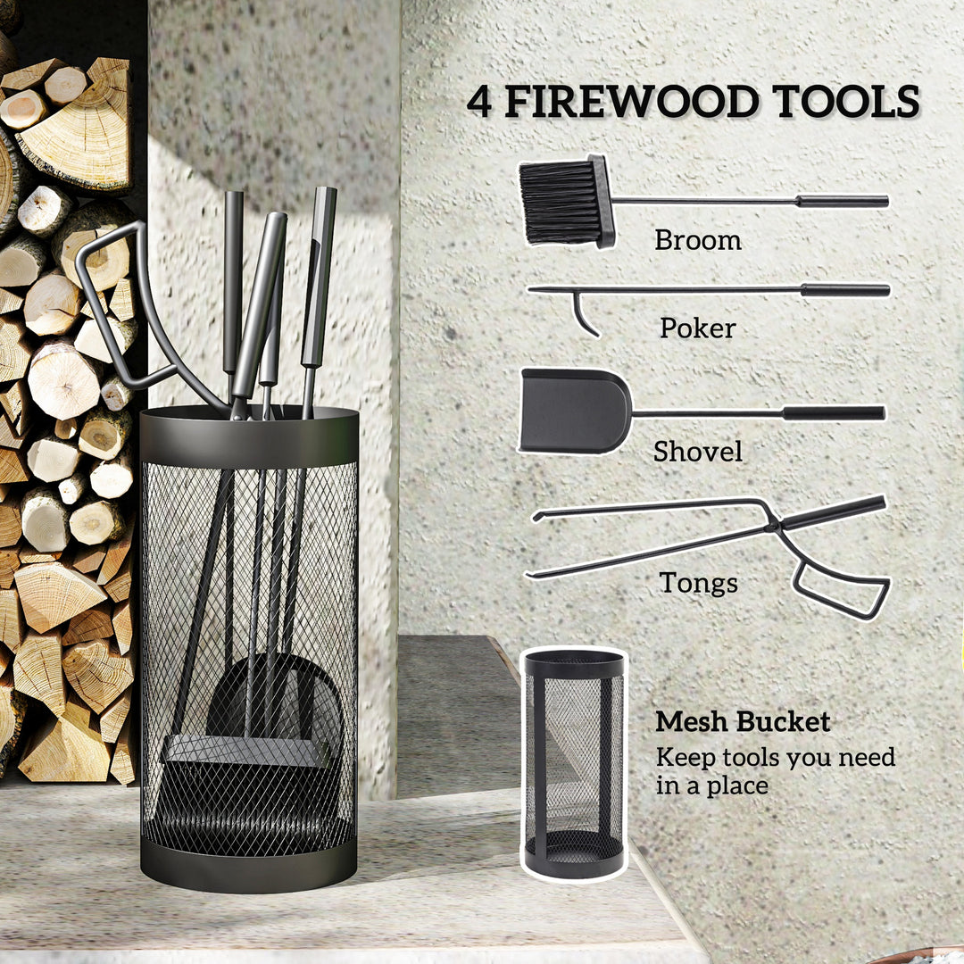 5-Piece Fireplace Tools Set with Mesh Basket, Indoor Outdoor Fireside 