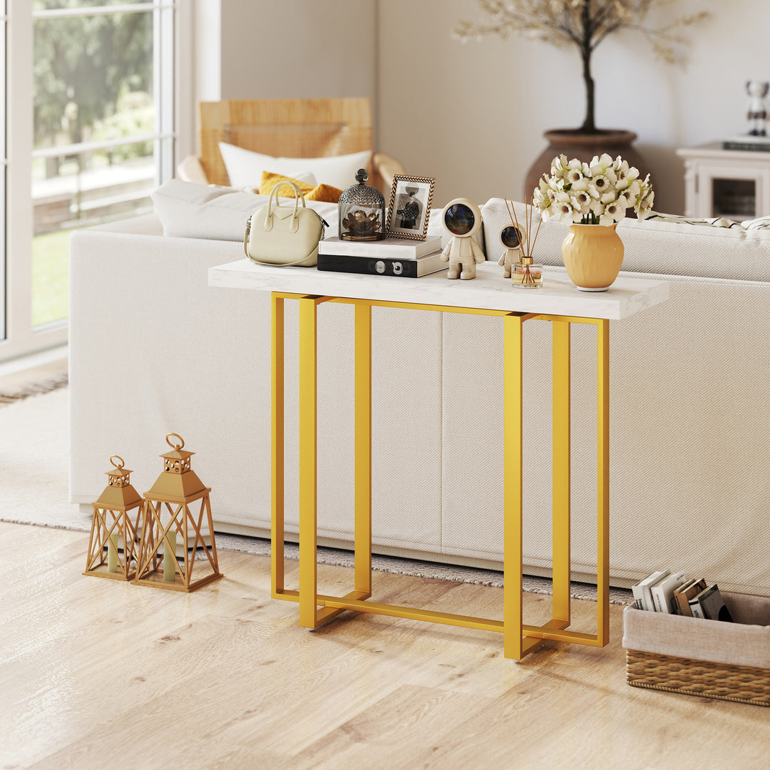 Console Table with Faux Marble Top, 100 cm Narrow Entryway Table with Anti-tipping Device, Steel Frame