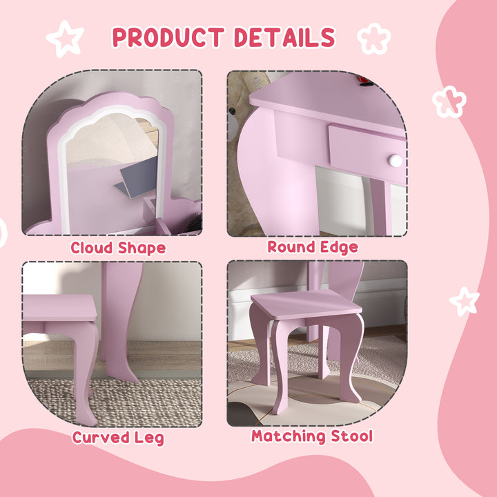 ZONEKIZ Child's Vanity Set with Cloud-Shaped Mirror, Stool, Drawer, and Storage Compartments, Pink | Aosom UK