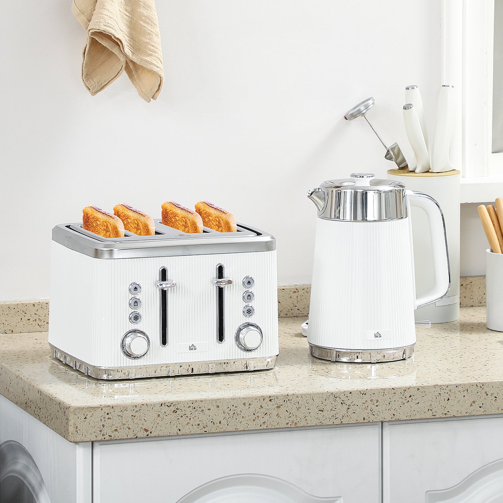 Electric Kettle and Toaster Set, 3000W 1.7L UK Strix Thermostat Rapid Boil Jug Kettle with Limescale Filter, Cool Touch Body, 4 Slice Toaster with 7 Browning Controls, Crumb Tray, White