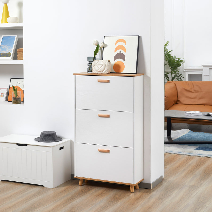 Narrow Shoe Cabinet, Slim Shoe Storage Cabinet with 3 Flip Drawers and Adjustable Shelves, 12 Pair of Shoes Organizer for Hallway, Entryway, White