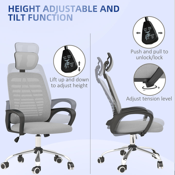 Vinsetto Office Chair, Ergonomic, Mesh Desk Chair with Rotatable Headrest, Lumbar Back Support, Armrest, Grey.