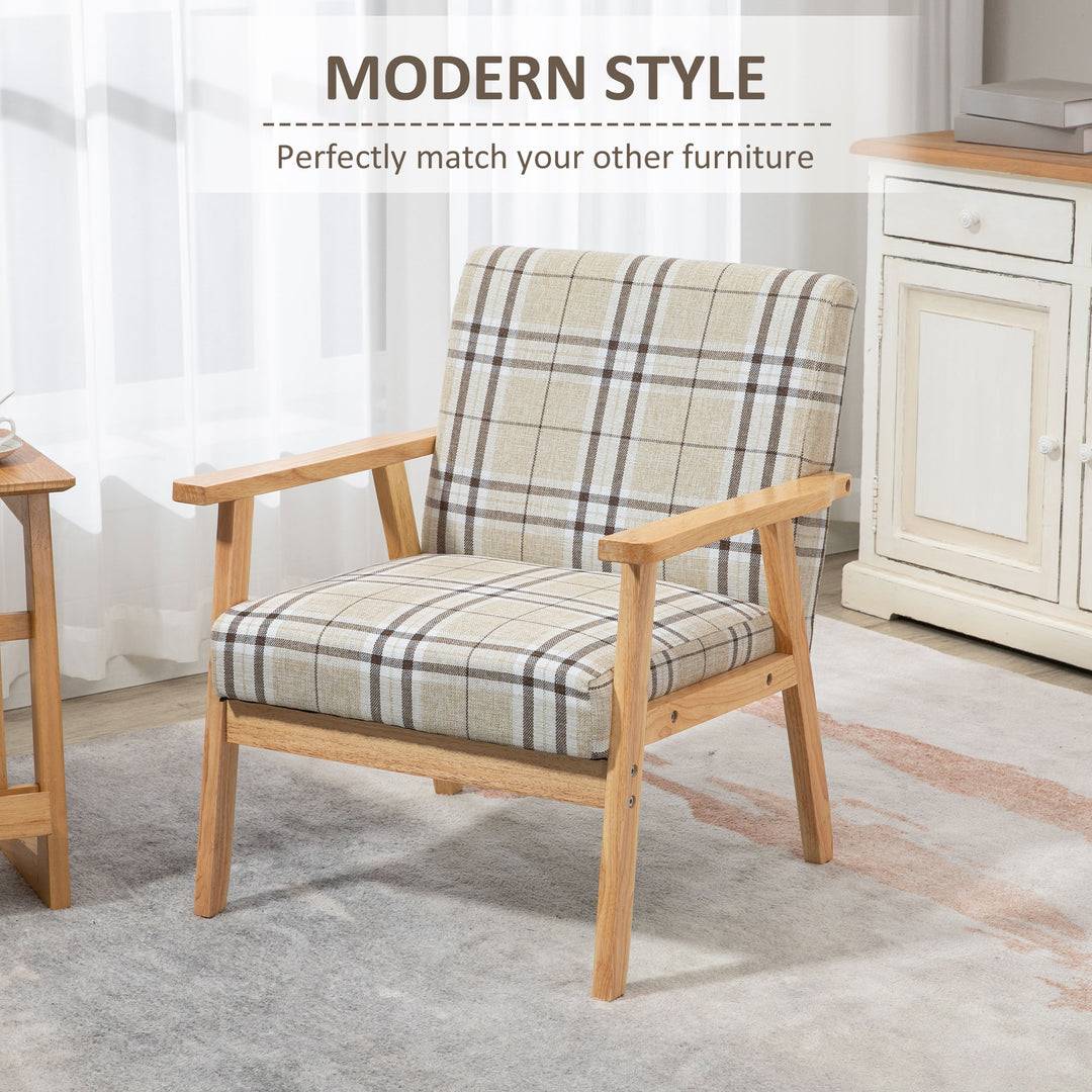 Modern One Seater Sofa for Living Room, Linen Fabric Small Couch with Rubber Wood Frame, Armrests, Lattice Pattern, Upholstered Armchair, Beige