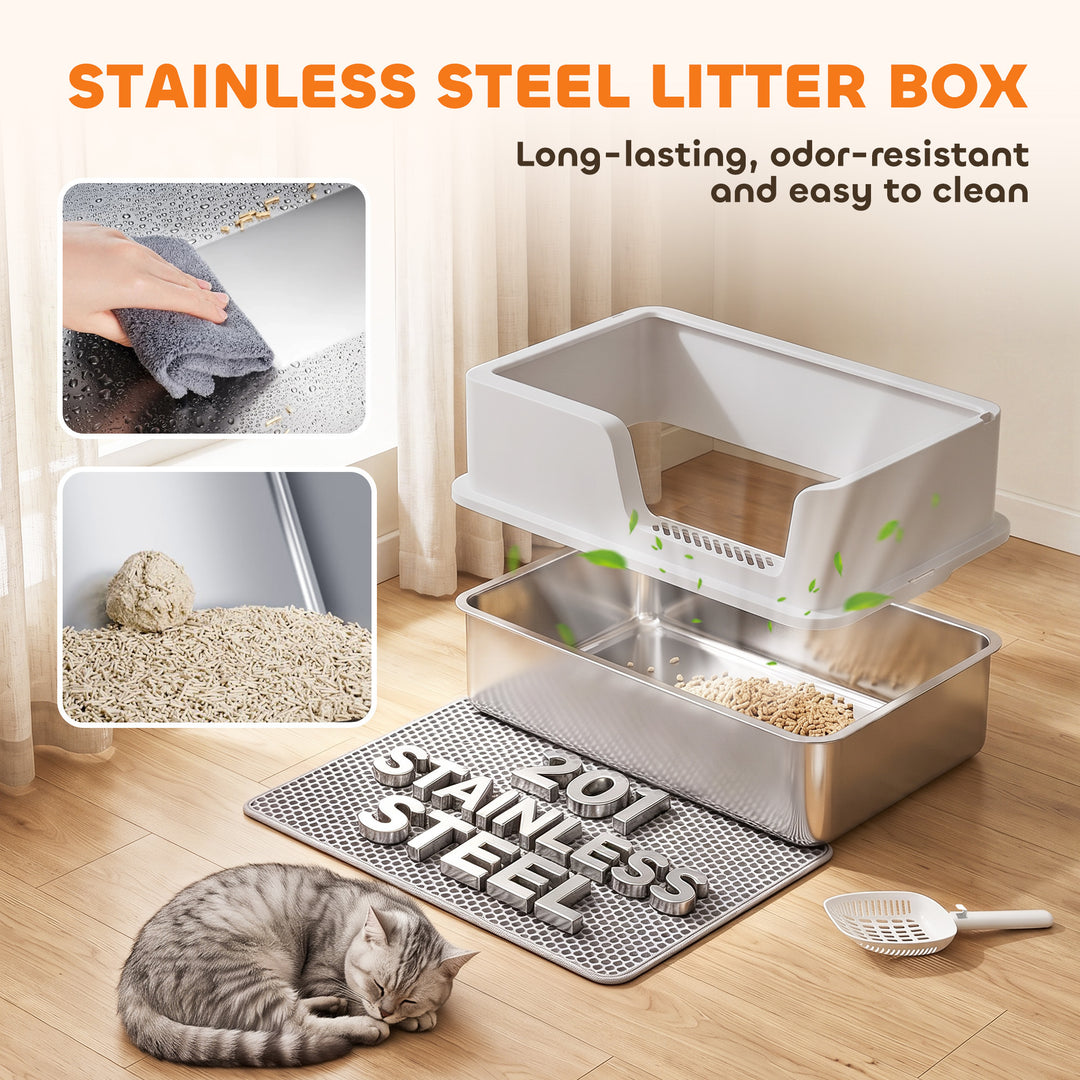 XL Stainless Steel Cat Litter Tray with Lid, High Sided Cat Litter - view 4