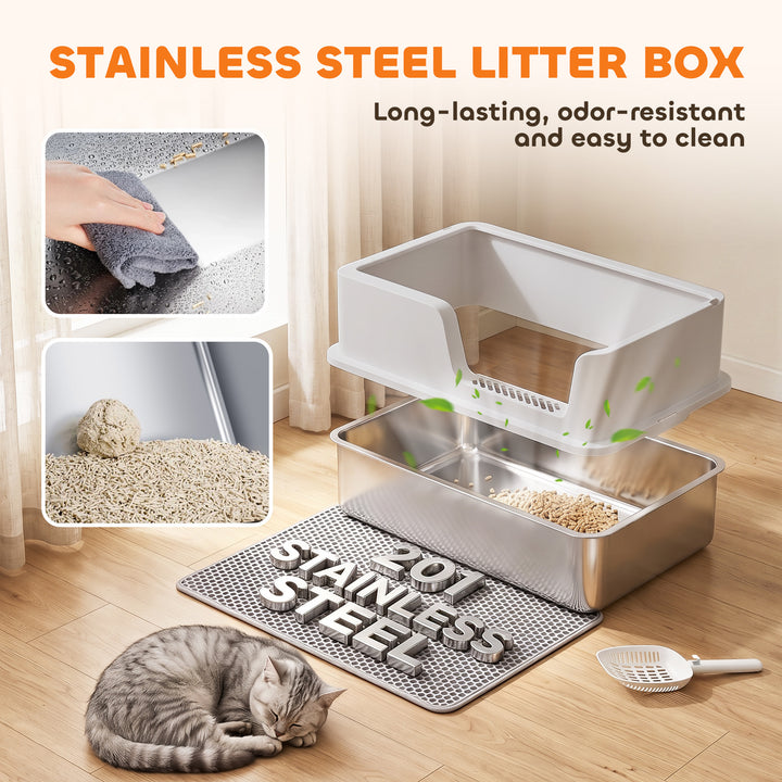 XL Stainless Steel Cat Litter Tray with Lid, High Sided Cat Litter - view 4