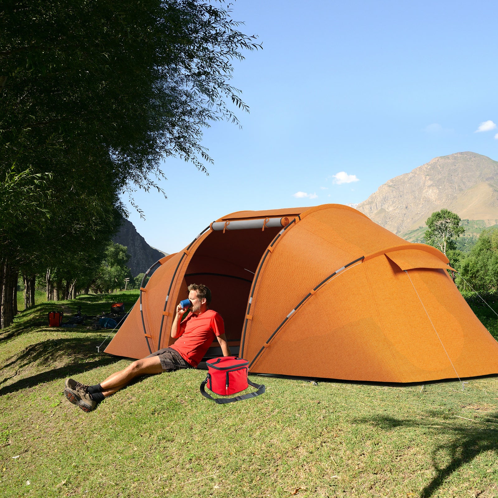 4-6 Man Camping Tent with Living Area and 2 Bedrooms, Hiking Sun Shelter, UV Protection Tunnel Tent, Orange