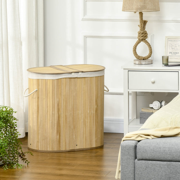 Bamboo Laundry Basket with Lid, 100 Litres Laundry Hamper with 2 Sections, Removable Washable Lining, Washing Baskets, 62.5 x 37 x 60.5cm