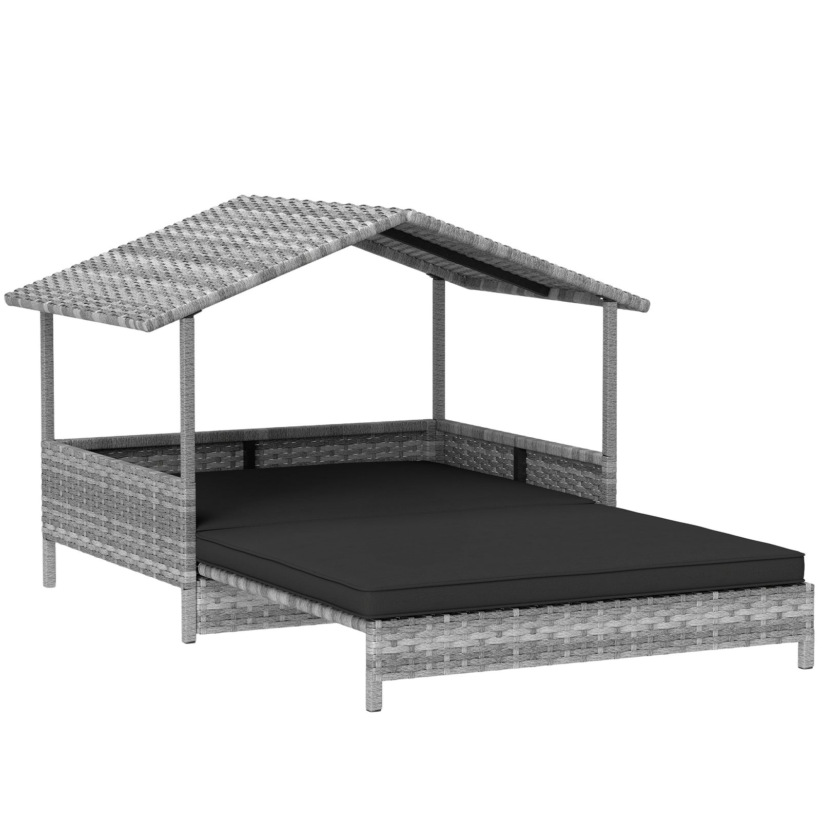 Extendable Elevated Dog Bed, Rattan Dog House, with Water-Resistant Roof, Removable Cushion, Charcoal Grey