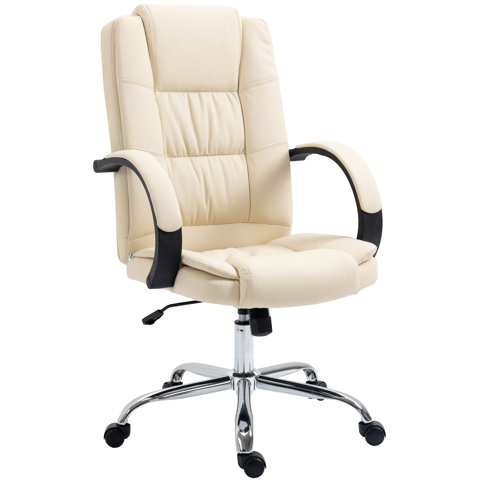 Office Chair, PU Leather Desk Chair with 13cm Soft Padded Seat and Backrest, Swivel Chair with Adjustable Height and Rolling Wheels, Beige