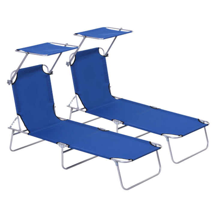 2 Pieces Outdoor Foldable Sun Lounger, 4 Level Adjustable Backrest Reclining Sun Lounger Chair with Angle Adjust Sun Shade Awning for Beach, Garden, Patio, Blue